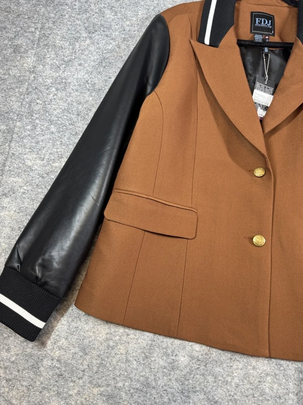 FDJ Brown Wool Blend Varsity Jacket Black Faux Leather Sleeves Preppy Chic XL - Picture 6 of 16